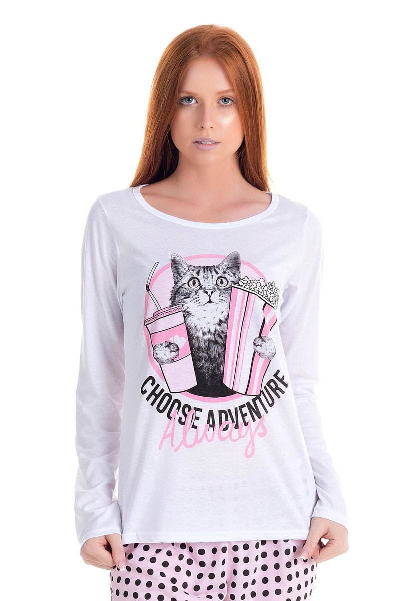 pijama feminino gato com pipoca branco sg18 1