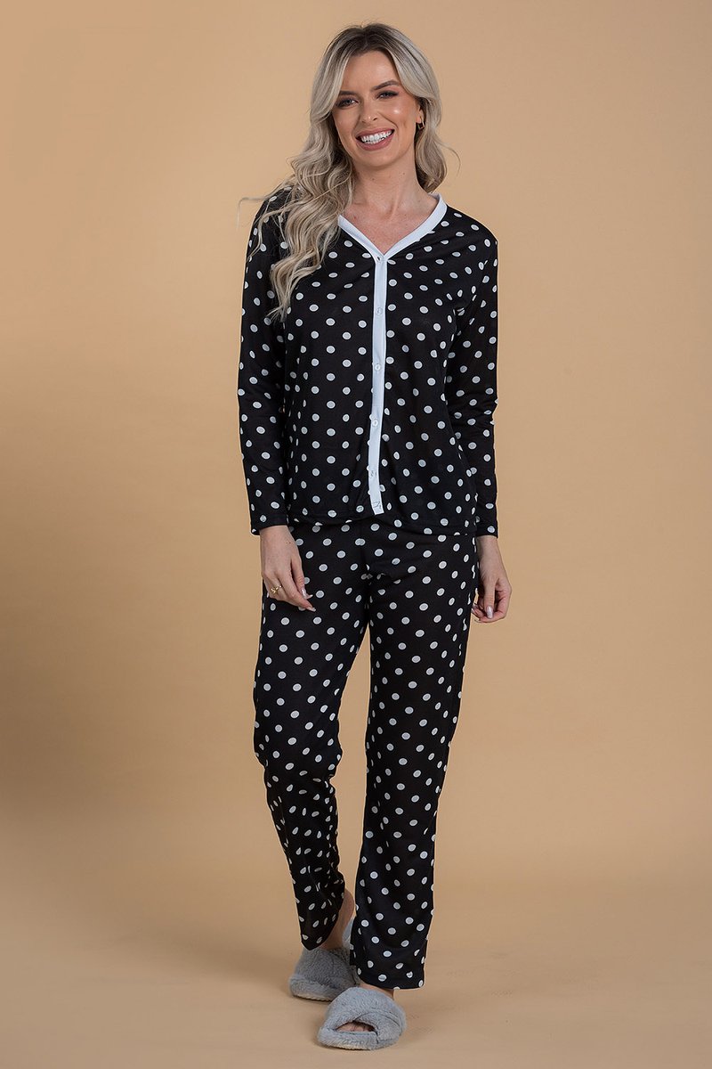 pijama feminino poa preto abertura com botoes jc13 6 1