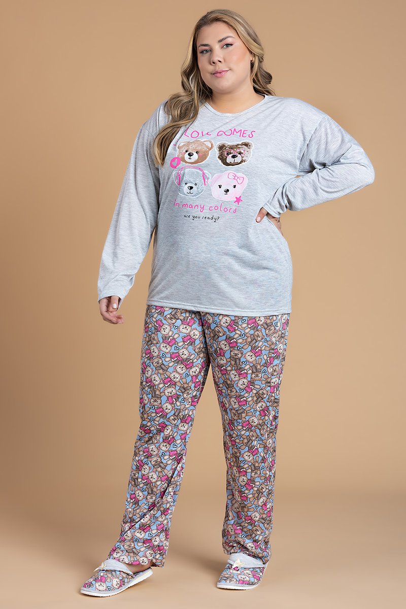 Pijama Feminino Plus Size Ursinhos Love Mescla