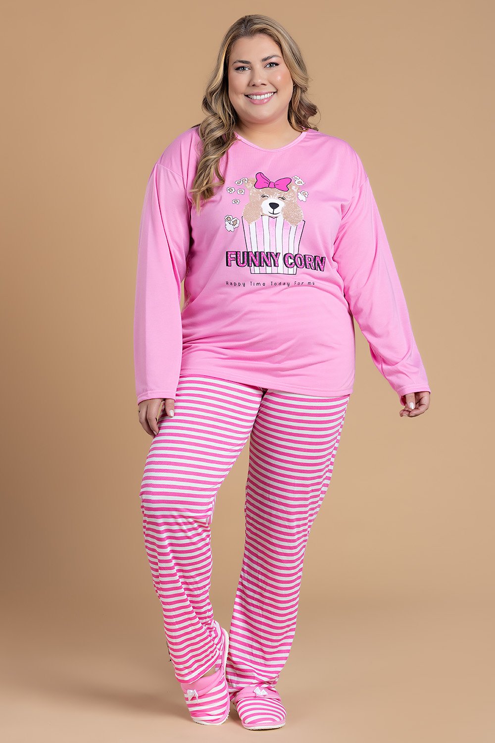 Pijama Feminino Plus Size Ursinho Pipoca