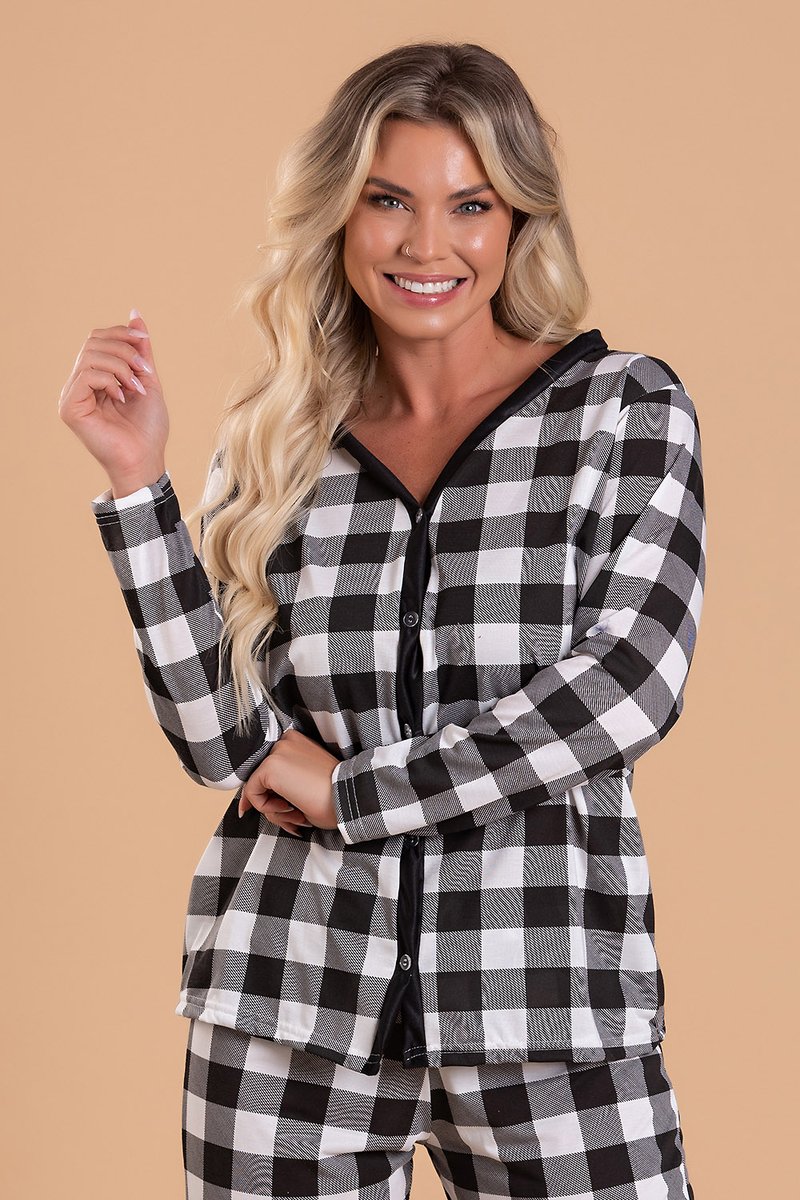 pijama feminino xadrez preto abertura com botoes jc13 9 2