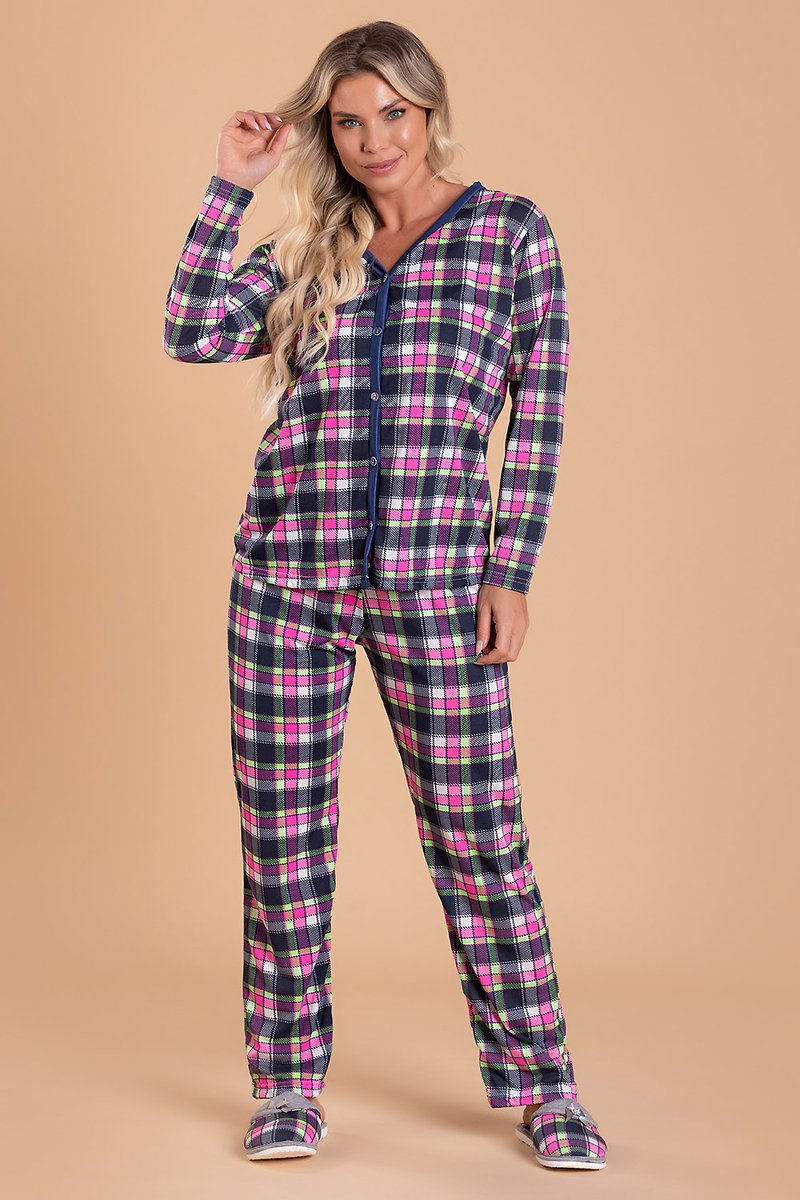pijama feminino xadrez neon abertura com botoes jc13 16 1